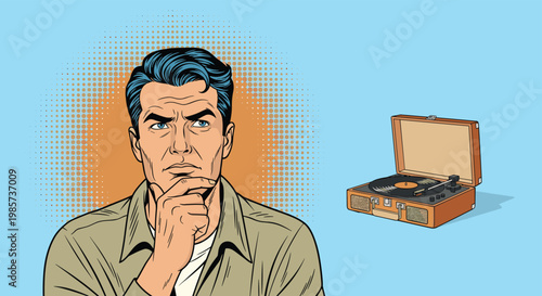 Pensive man thinking and looking up with vintage record player on the side, pop art illustration of nostalgia and music appreciation.