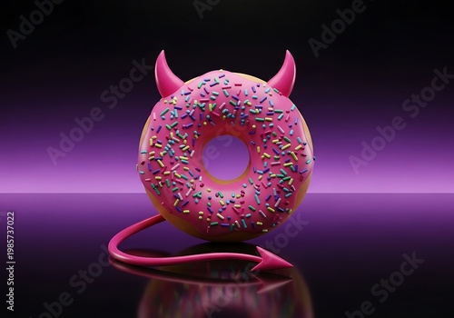 Devil Donut with Pink Frosting and Sprinkles on Dark Background. Generative Ai