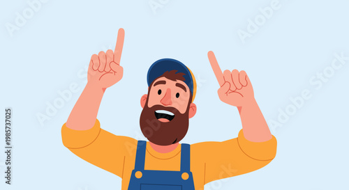 Bearded man in yellow sweatshirt and blue overalls pointing both fingers up with joy, simple character illustration on blue background.