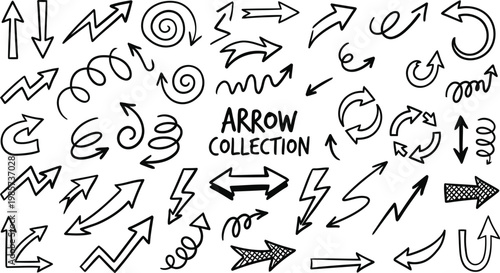 Large collection of hand drawn arrows and symbols for design with collection direction straight