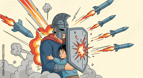 Warrior protecting child with shield from missile attack, illustration of defense, safety, and heroism during war or violent conflict.