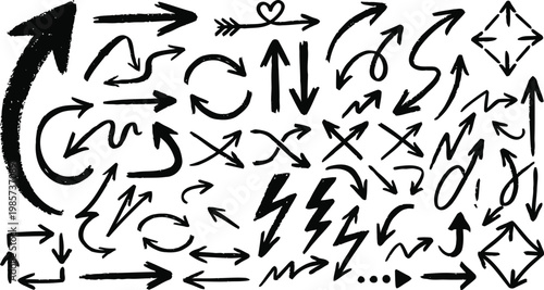 Diverse set of hand drawn arrows in various styles and directions with collection, illustration