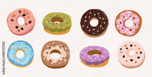 donut set hand drawn colorful glazed donuts bakery food vector illustration