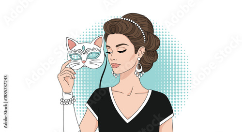 Elegant woman holding white cat mask near her face in front of blue background, pop art illustration of mystery, beauty, and disguise.