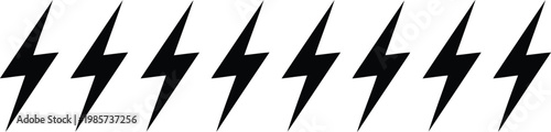 Row of eight black lightning bolt symbols with lightning electricity isolated illustration