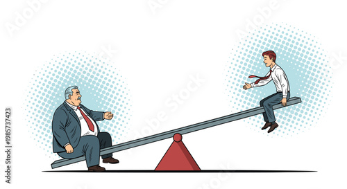 Large businessman and thin man sitting on seesaw with heavy man down, pop art illustration of inequality, imbalance, and power struggle.