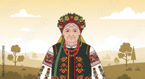 Elderly Ukrainian woman in traditional embroidered clothing and floral headdress standing in a rural landscape cultural heritage illustratio