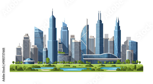 Modern city skyline with green park and water features illustration.