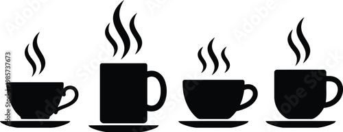 Steaming coffee mugs and saucers in silhouette with hot drink beverage caffeine breakfast
