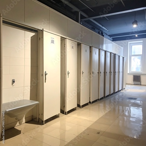 A long row of white bathroom stalls with shiny floor