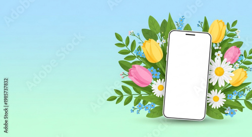 Smartphone mockup with spring flowers and green leaves perfect for app promotion or seasonal greeting cards isolated on gradient background