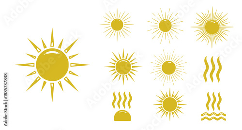 A collection of yellow sun icons and heat wave symbols in various styles and designs on a white background