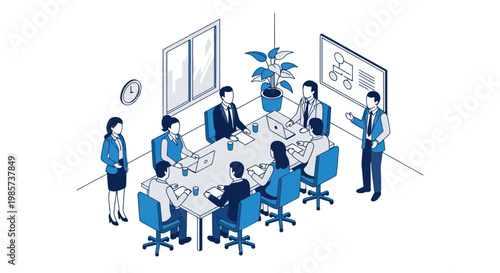 Isometric illustration of business team having a meeting and presentation in a modern office.