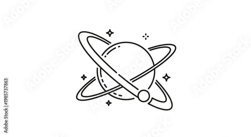 Minimalist line art illustration of a planet with rings and stars in space