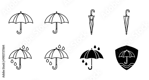 A set of eight black and white vector illustrations of umbrellas in various styles and states including some with raindrops on them and a shield logo with an umbrella design on a white background