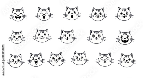Cute cartoon cat faces displaying various emotions and expressions.