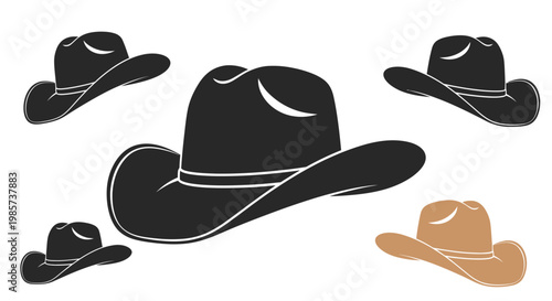 A collection of black and brown cowboy hat icons in various sizes.