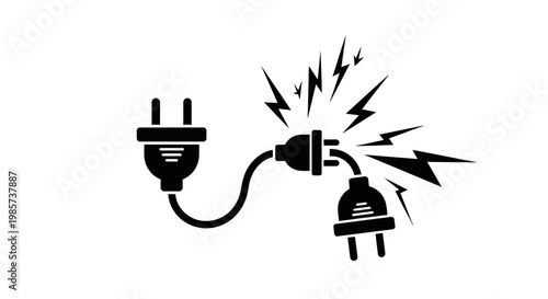 Vector icon of electrical short circuit with sparking plugs and lightning bolts