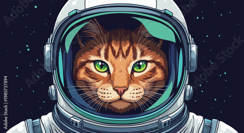 Portrait of ginger cat wearing astronaut helmet and suit in outer space with stars, creative illustration of space exploration and pets.