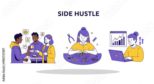 People engaged in side hustle activities like networking, jewelry making, and online work.