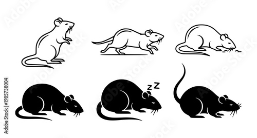 A set of six black and white vector illustrations of mice in various poses and emotions on a plain white background