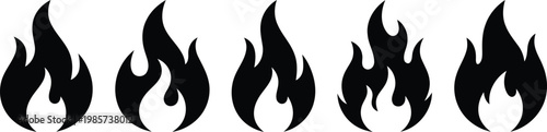 Set of five black flame icons with combustion illustration minimalist abstract silhouette