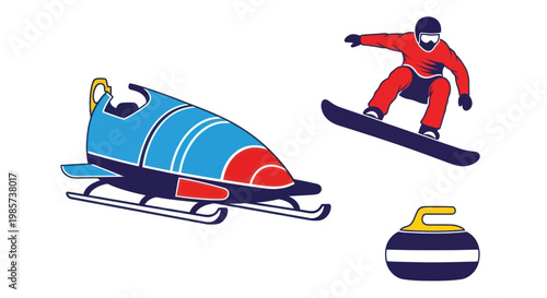 Vibrant vector illustration of winter sports: bobsled, snowboarder, and curling stone.