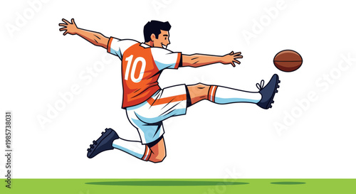 Soccer player in mid-air kicking a ball