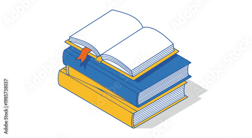 A stack of colorful books with one open and a bookmark.