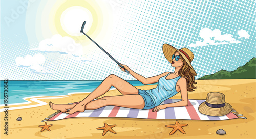 Young woman in hat and sunglasses lying on beach towel and taking selfie with stick, pop art illustration of summer vacation and leisure.