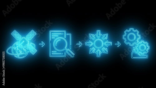 Neon-lit cybersecurity flowchart with threat detected center on black background