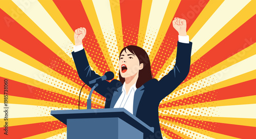 Determined woman speaking at a podium with her fists raised against sunburst background, pop art illustration of politics and leadership.