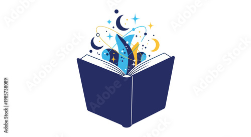 Open book with cosmic elements exploding out