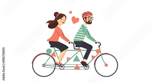 Happy couple riding a tandem bicycle with hearts floating above