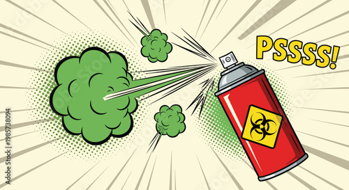 Red aerosol spray can with biohazard symbol releasing large green cloud of gas, pop art illustration of pollution or pest control service.