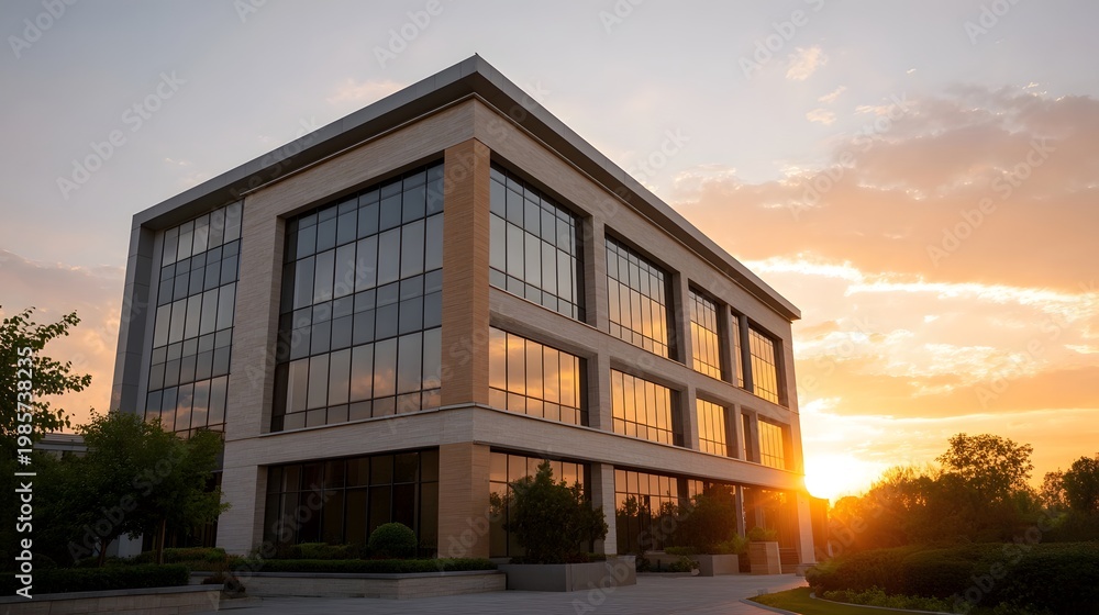 Fototapeta premium A modern corporate structure viewed at sunset featuring extensive glass and warm golden light reflecting across the facade