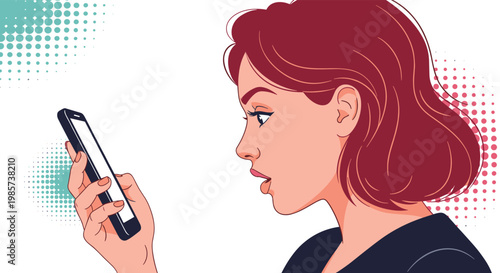 Surprised young woman with red hair looks at her mobile phone with an amazed expression in a colorful pop art style illustration.