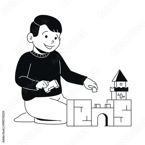 Boy Playing with Blocks - Black and White Flat Design Illustration