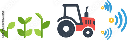 Smart farming icon featuring a red tractor emitting digital signals towards growing green plant sprouts in an agricultural field concept