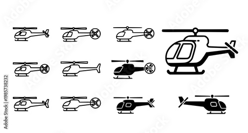 A collection of black and white helicopter icons in various styles and orientations on a plain white background