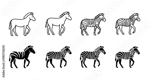 A set of eight black and white zebra illustrations in various stages of stripe completion on a white background