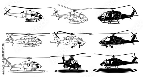 A set of nine helicopter illustrations in various line art and silhouette styles on a white background