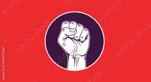 Powerful clenched fist icon inside a dark circle on a bright red background represents strength, protest, and human rights movements.