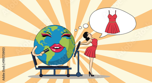 Earth character with long eyelashes applies pink lipstick while dreaming of a beautiful red dress in a personified planet illustration.