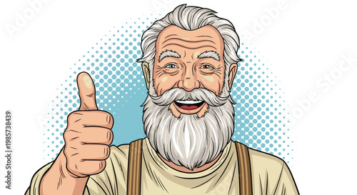 Friendly elderly man with a long white beard and suspenders smiles warmly while giving a positive thumbs up gesture to the camera.