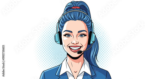 Friendly call center representative with blue hair wears a headset and smiles broadly in a colorful pop art style office illustration.