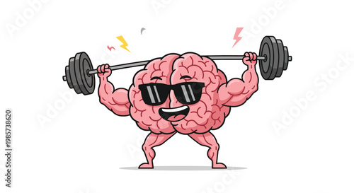 Strong brain character with large muscles lifts a heavy barbell while wearing cool sunglasses as a metaphor for mental power and health.