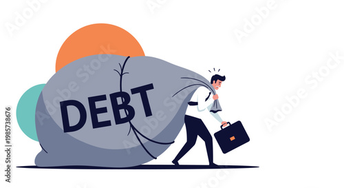 Businessman struggling to carry a massive heavy grey bag with the word DEBT written on it representing financial burden and economic stress.