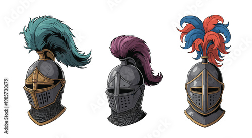 Set of three detailed medieval knight helmets with different styles of metal work and colorful decorative plumes of feathers on top.