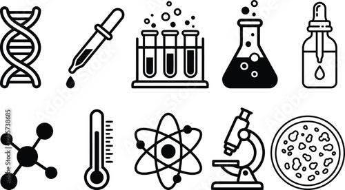Science and research icons set with research laboratory chemistry education molecule microscope